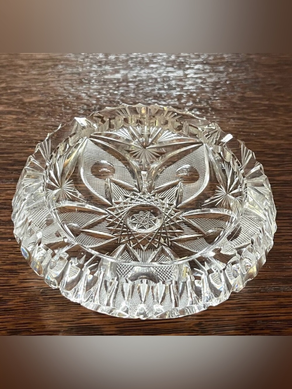 Vintage Hand Cut Crystal Ashtray Star Floral Design Heavy 8 Point Star 60s